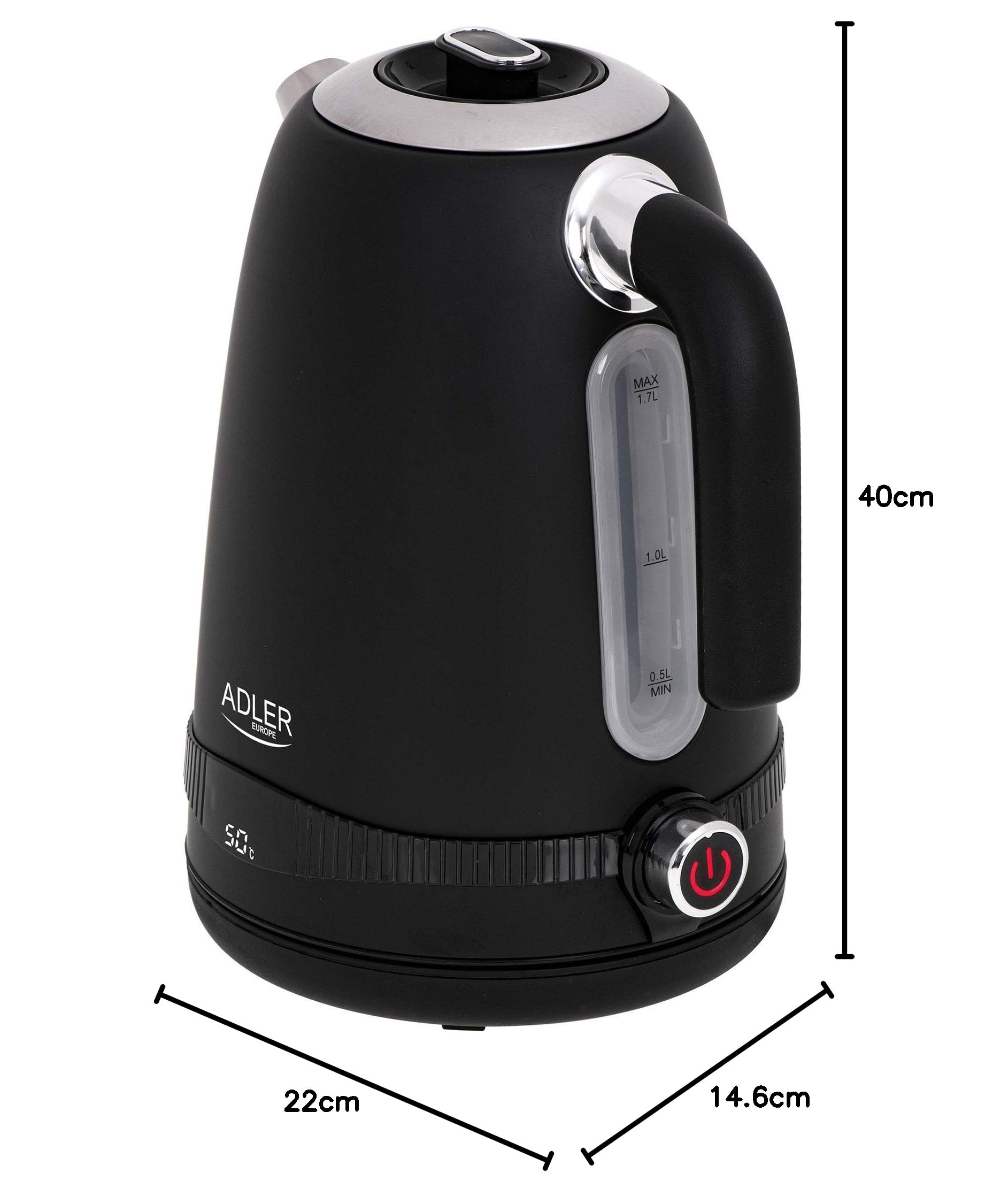 Adler Bouilloire AD 1295b SS noir satiné 1,7L avec écran LCD et régulation de température