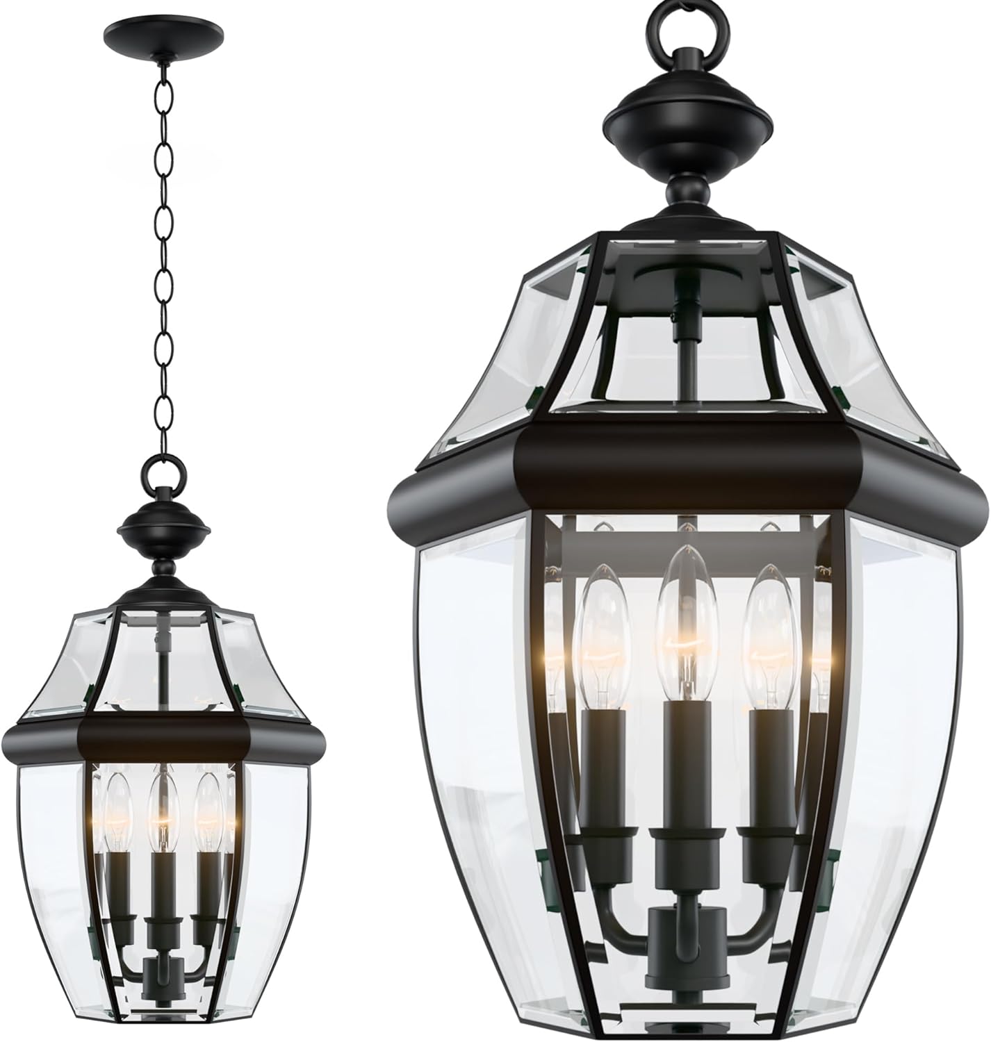 Large Outdoor Pendant Light Fixture 3-Light, 20in Modern Black Outdoor Chandelier Hanging Porch Light, Metal Exterior Ceiling Mount Hanging Lantern with Clear Glass for Front Door, Entrance, Gazebo