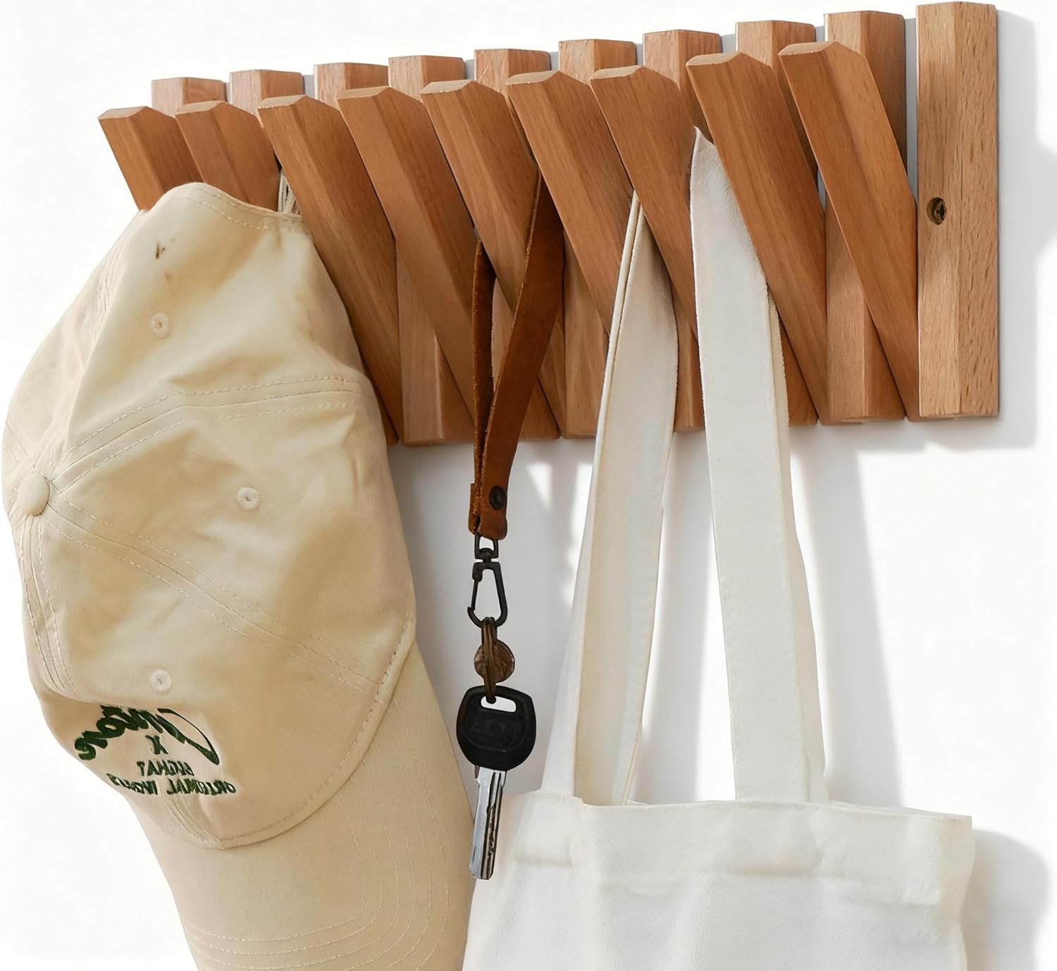 yaochuforest Coat & Hat Hooks Wall Mount with Key Holder, Wall Mounted Coat Rack with 9 Retractable Hangers, Solid Wood Slim Key Holder for Entryway, 17in Natural Finish