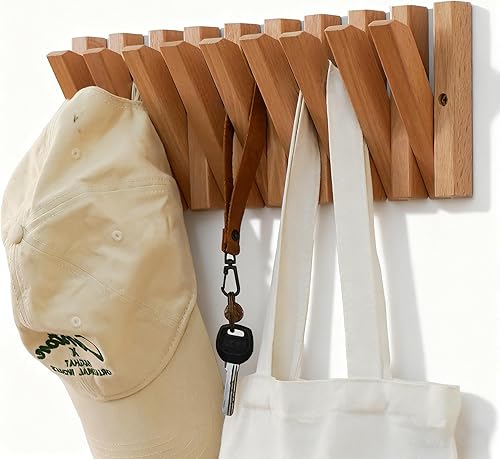 Ganchos para abrigos y sombreros de pared con soporte para llaves, perchero montado en la pared con 9 perchas retráctiles, soporte delgado de madera