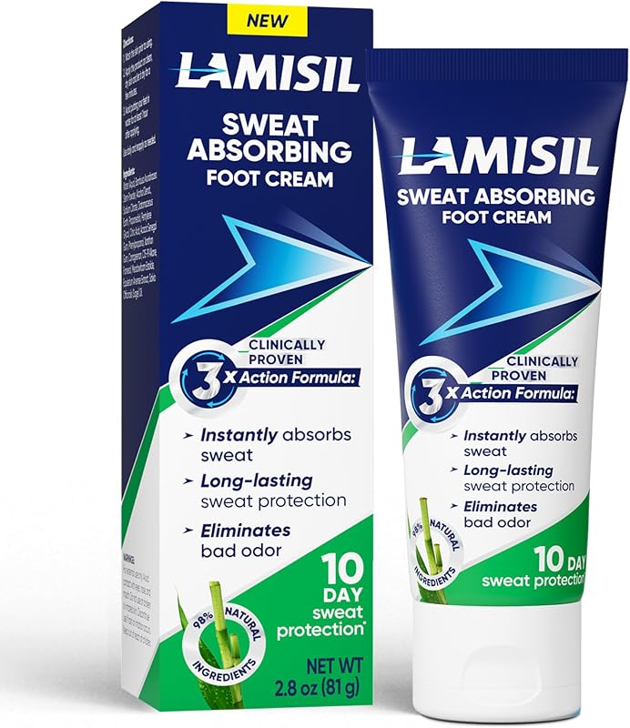 Lamisil Sweat Absorbing Foot Cream, Foot Odor Eliminator, Instantly Absorbs Sweat, Long-Lasting Protection, Natural Ingredients, 2.8 oz (81g)