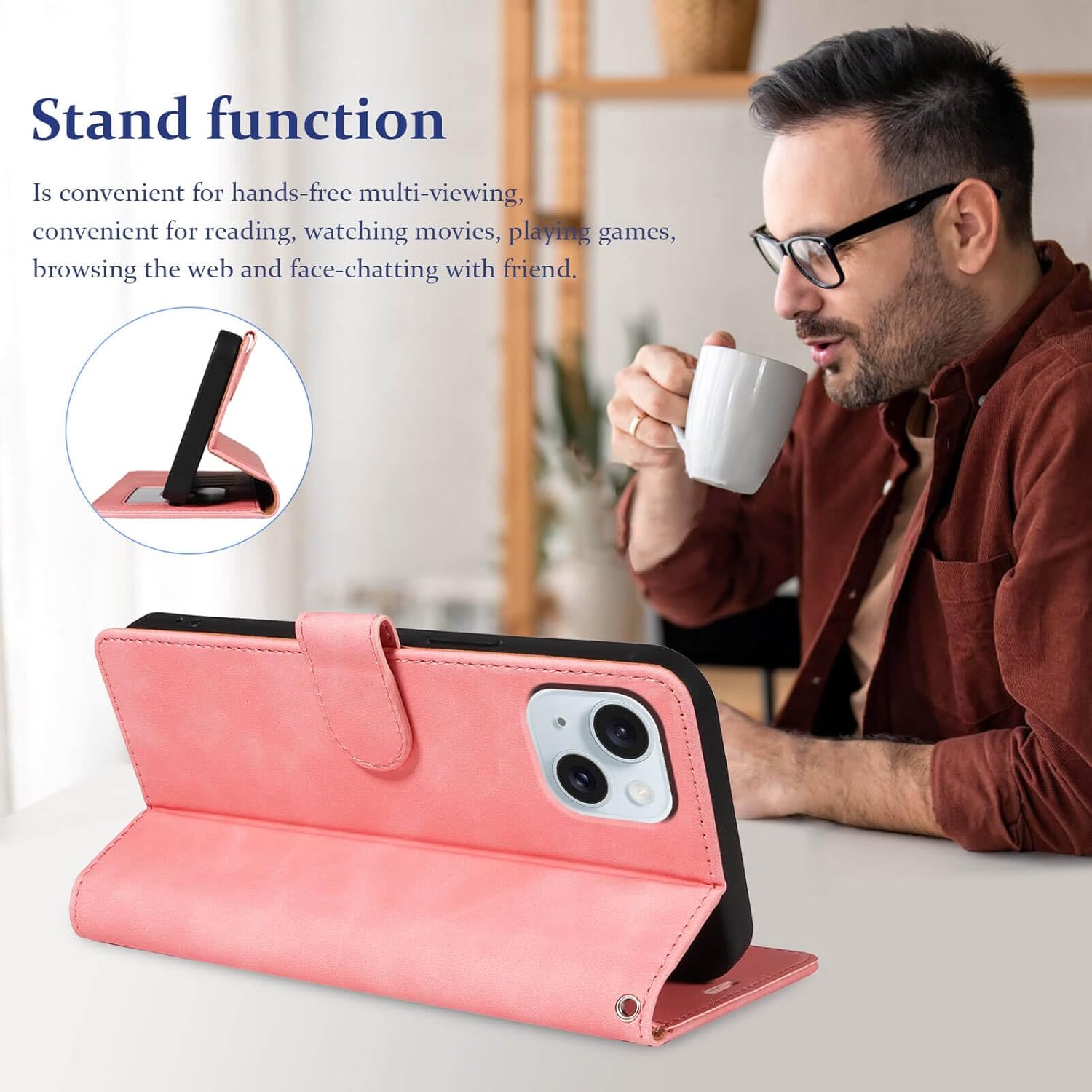 for iPhone 15 Wallet Case, [RFID Blocking 4 Card Slots] [Kickstand] [Wrist Strap] [Magnetic Closure] Soft PU Leather Shockproof Protective Flip Cover for iPhone 15 Case 6.1 Inch (Pink) - Image 2