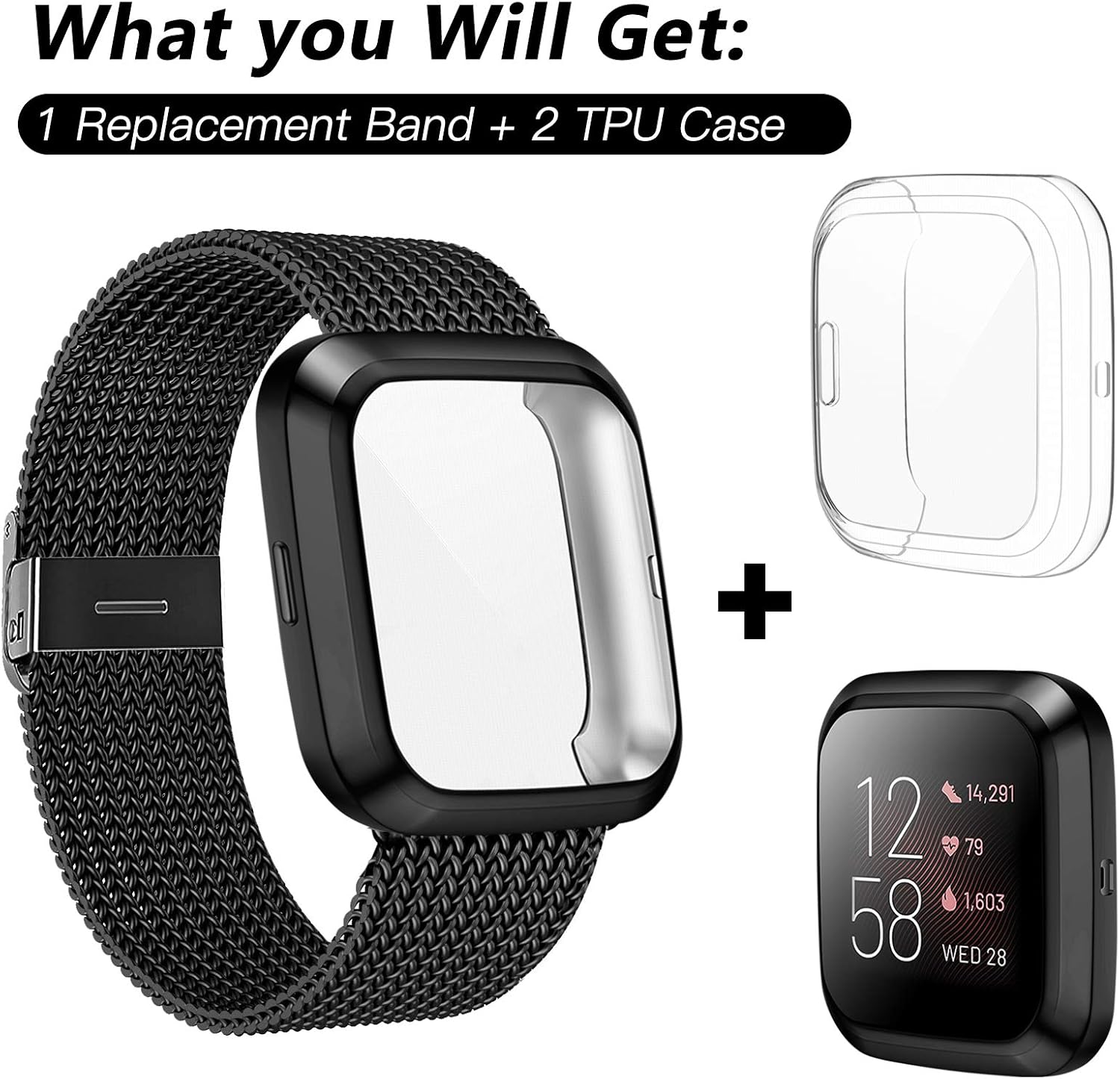 HAPAW Metal Bands Plus Screen Protector Case Compatible with Fitbit Versa 2, Stainless Steel Magnetic Mesh Strap Men Women Bracelet Wristbands Accessories with 2-Pack Bumper Cover for Versa 2 Smartwatch (Black, Small)