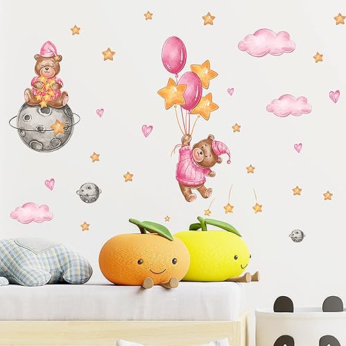 Miniatura 6 de Calcomanías de pared de oso jugando en la nube, preciosas calcomanías de pared con globos de luna y estrella, vinilo extraíble, decoración mural