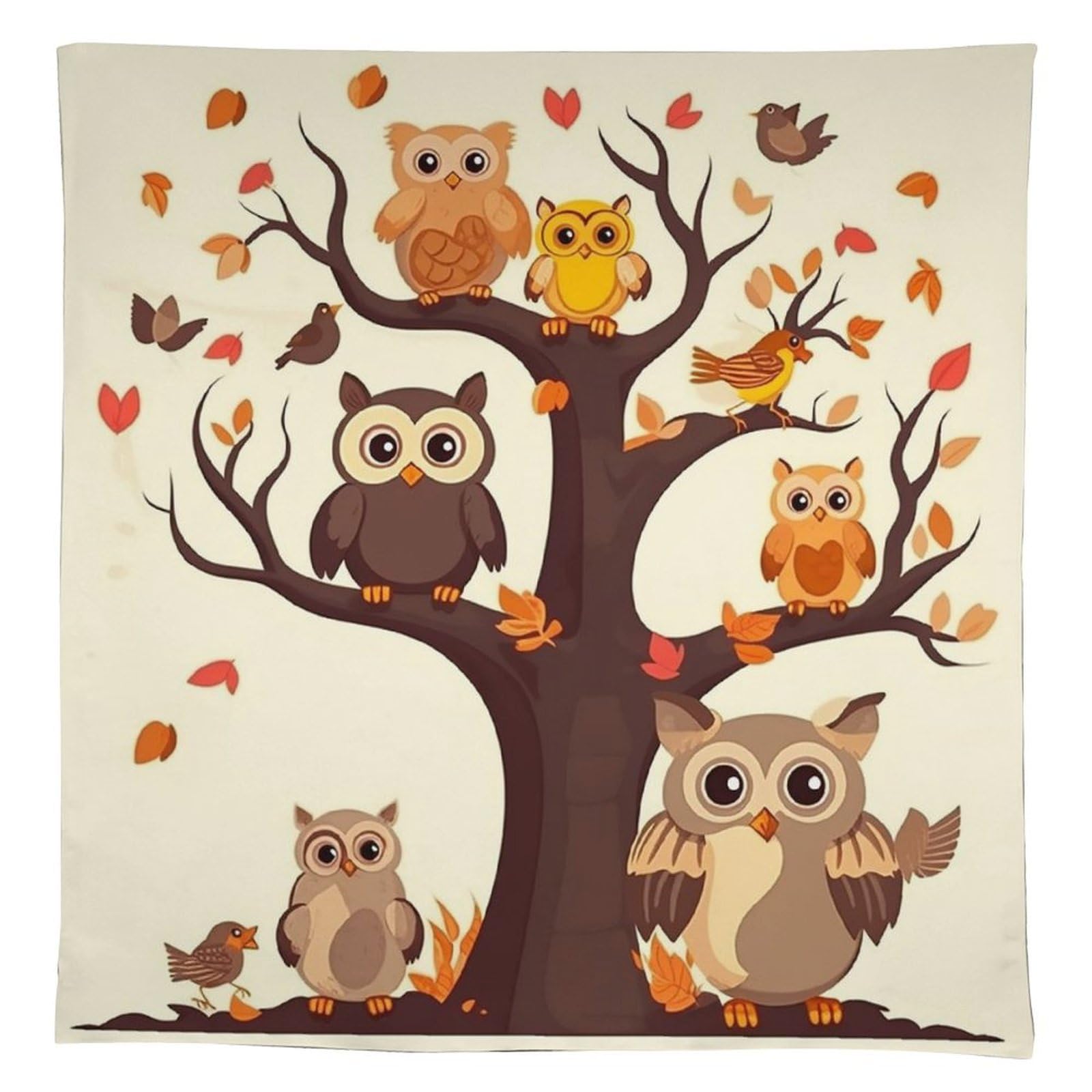 Nappe rectangulaire lin de qualité supérieure motif chouettes marron 140x140