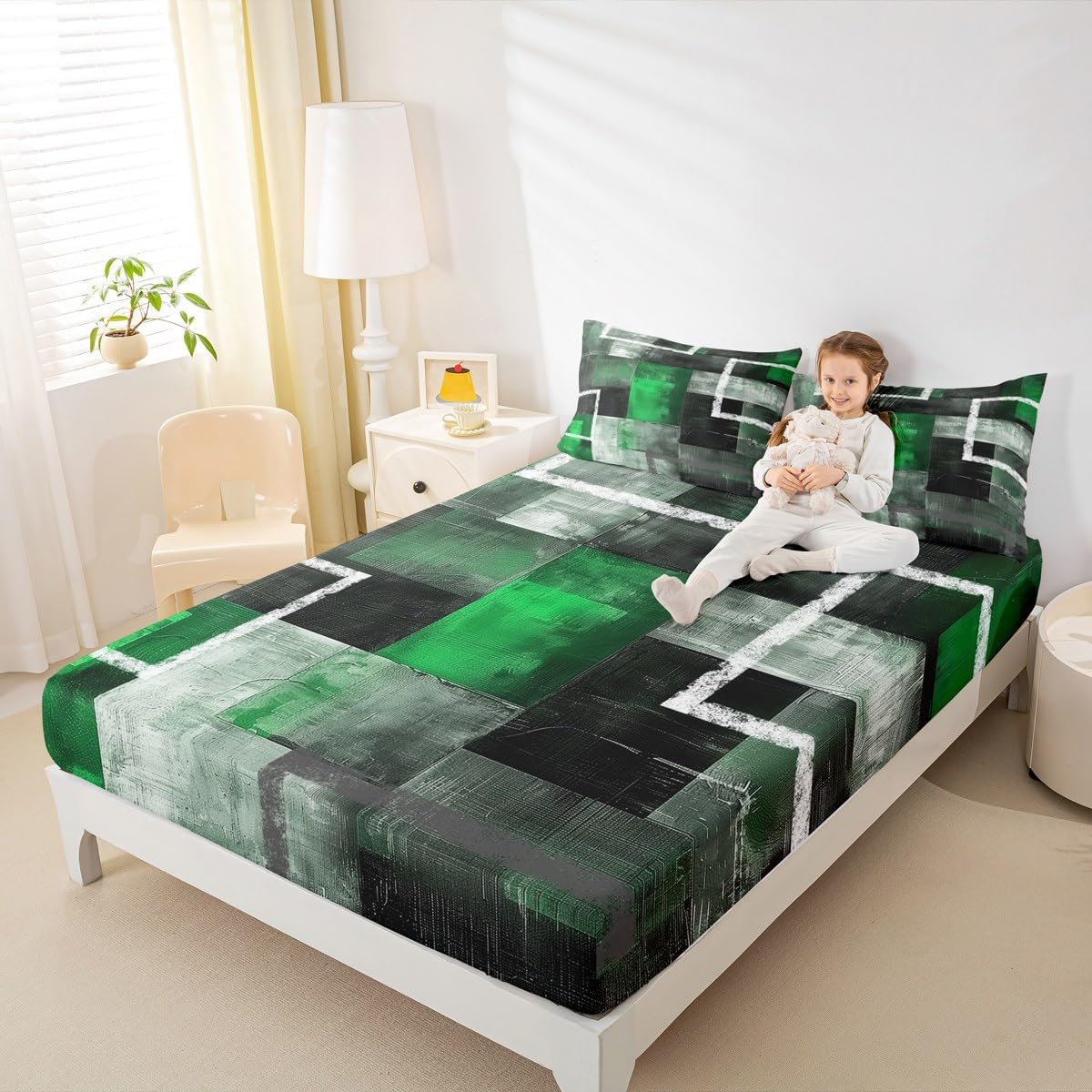 Erosebridal Green Black Grey Bedding Set Abstract Geometric Art Fitted Sheet Watercolor Oil Painting Bed Sheets Geometric Patchwork Graffiti Art Fitted Bed Sheet Full Size for Adults Men Women