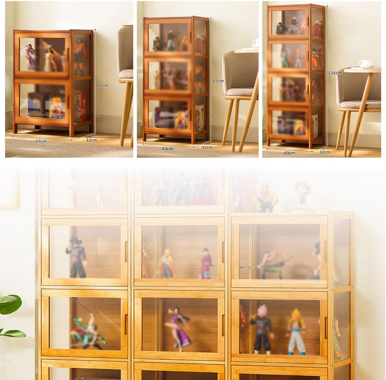 Display Cabinet, Glass Display Cabinet, Showcase Storage Box Locker, Width: 43X32CM, Cabinet Doors can be Flipped and hovered, Easy to Clean-Brown/Gray (Color : A)
