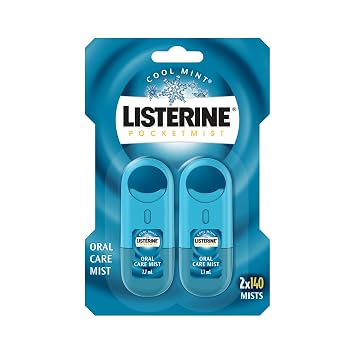 Listerine Cool Mint Pocketmist Fresh Breath Oral Care Mist, Non-Aerosol Sugar-Free Minty Breath Refresher Spray to Kill 99% of Bad Breath Germs, Portable, Cool Mint Flavor, 2 x 7.7 mL
