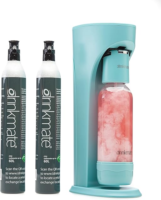 DrinkMate OmniFizz Sparkling Water and Soda Maker, Carbonates Any Drink Includes 1L Re-usable BPA-Free Carbonating Bottle, Two 60L CO2 Cylinders and Patented Fizz Infuser (Arctic Blue)