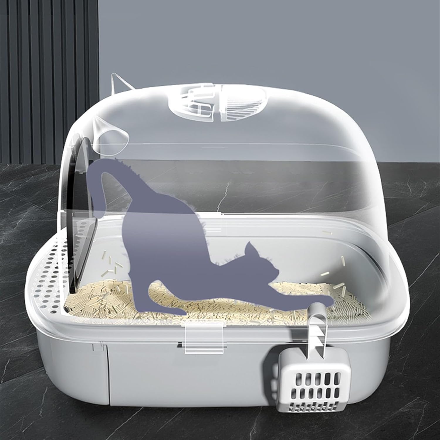 Litterbox Enclosed Kitty Litter Box with Scoop, Large Litter Box, Top Entry Anti-Splashing, Free in& Out Covered Kitty Litter Box, Anti- Splashing Easy Clean Cat Litter Tray(Gris)