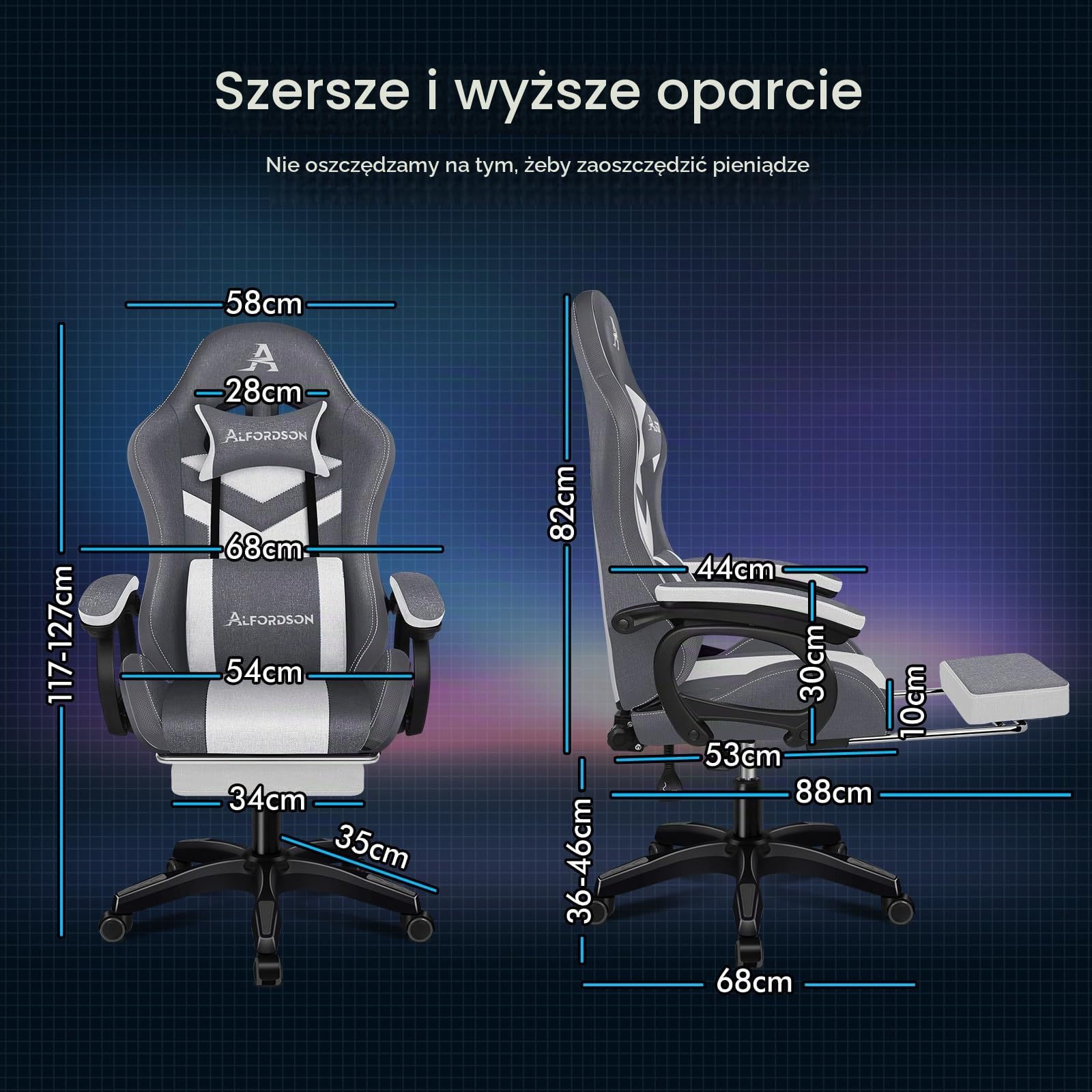 ALFORDSON Fotel do masażu dla graczy ze światłami LED i podnóżkami, szary