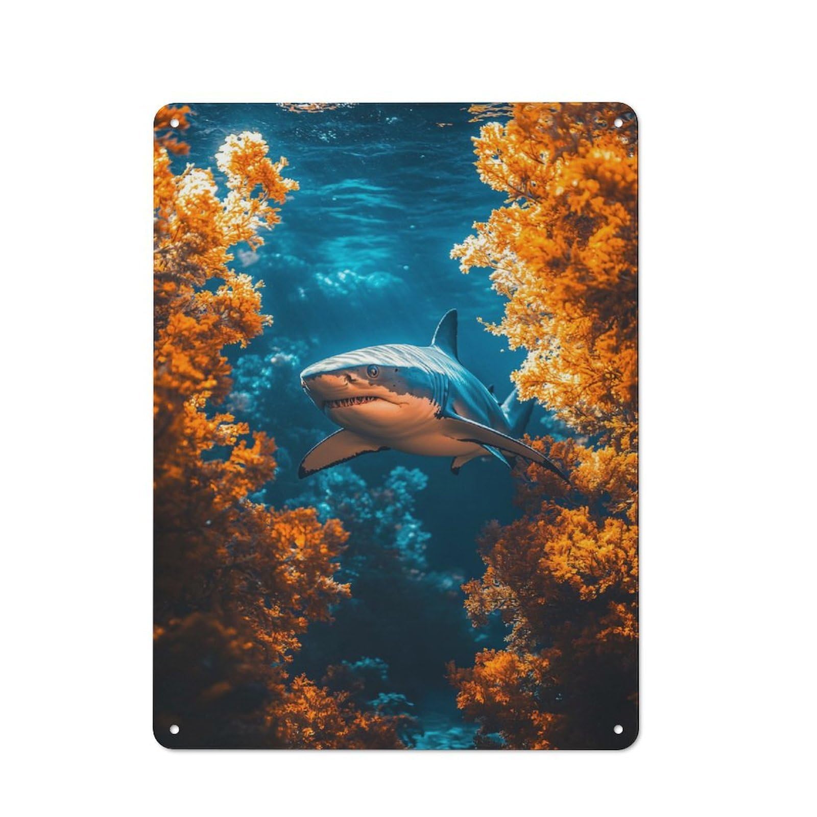 Junmoney Style-15 For Home Office Or Studio, Great White Shark In Coral Reef Vintage Tin Sign 40X30cm, Tin Sign Wall Decor For Home Offices And Studios