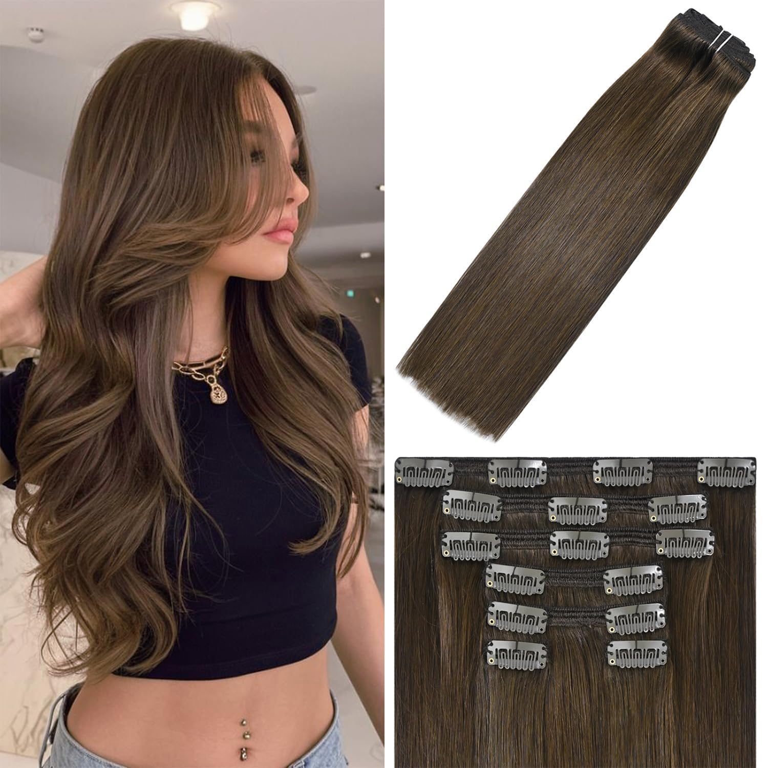 WindTouch Clip in Hair Extensions Real Human Hair #4 Medium Brown Hair Extensions Clip Ins 20inch 120g 7Pcs Human Hair Clip in Extensions Soft