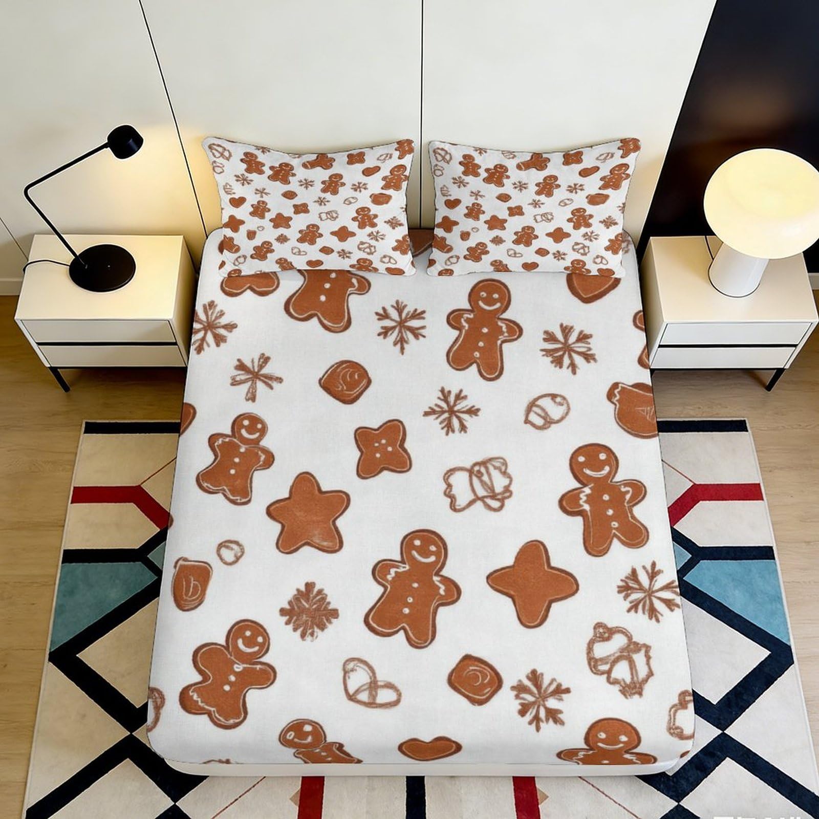 3D Printed Gingerbread Cookie Fitted Sheet Microfiber Soft Anti-Slip Snowflake Bed Cover for Bedroom Dorm Mattress Protection 140x200x25cm