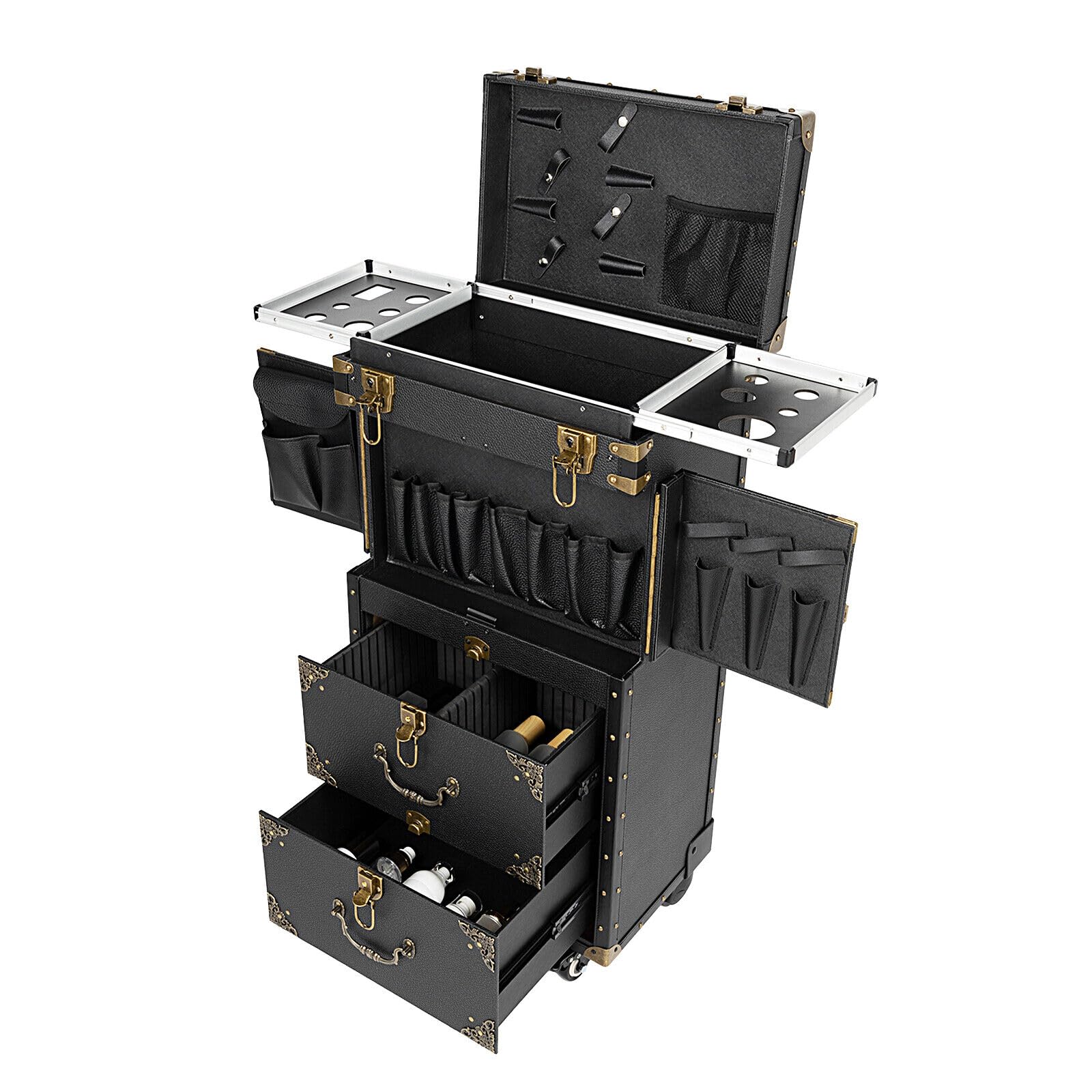 Vintage Trolley Friseur Werkzeugkasten Reisekoffer Arbeitswagen Kosmetik Professionell Salon Rollwagen Kosmetikkoffer Friseurkoffer Schminkkofferdamen Mit Make-Up Koffer Beauty Case 4-Tier Schwarz