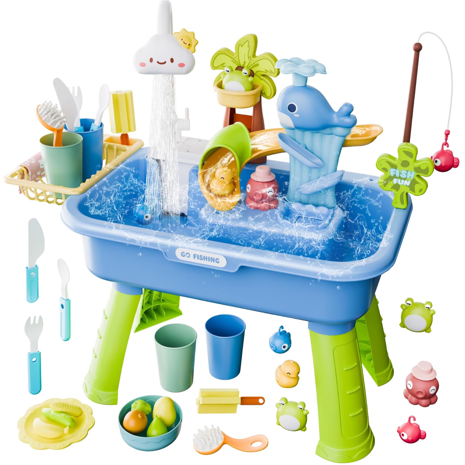 Sand Water Table Toy - Upgraded Play Sink | Outside Sensory Toys | Play Food Accessories | Fishing Game | Outdoor Water Table For Kids Ages 4-8 children 3+ Outdoor Beach