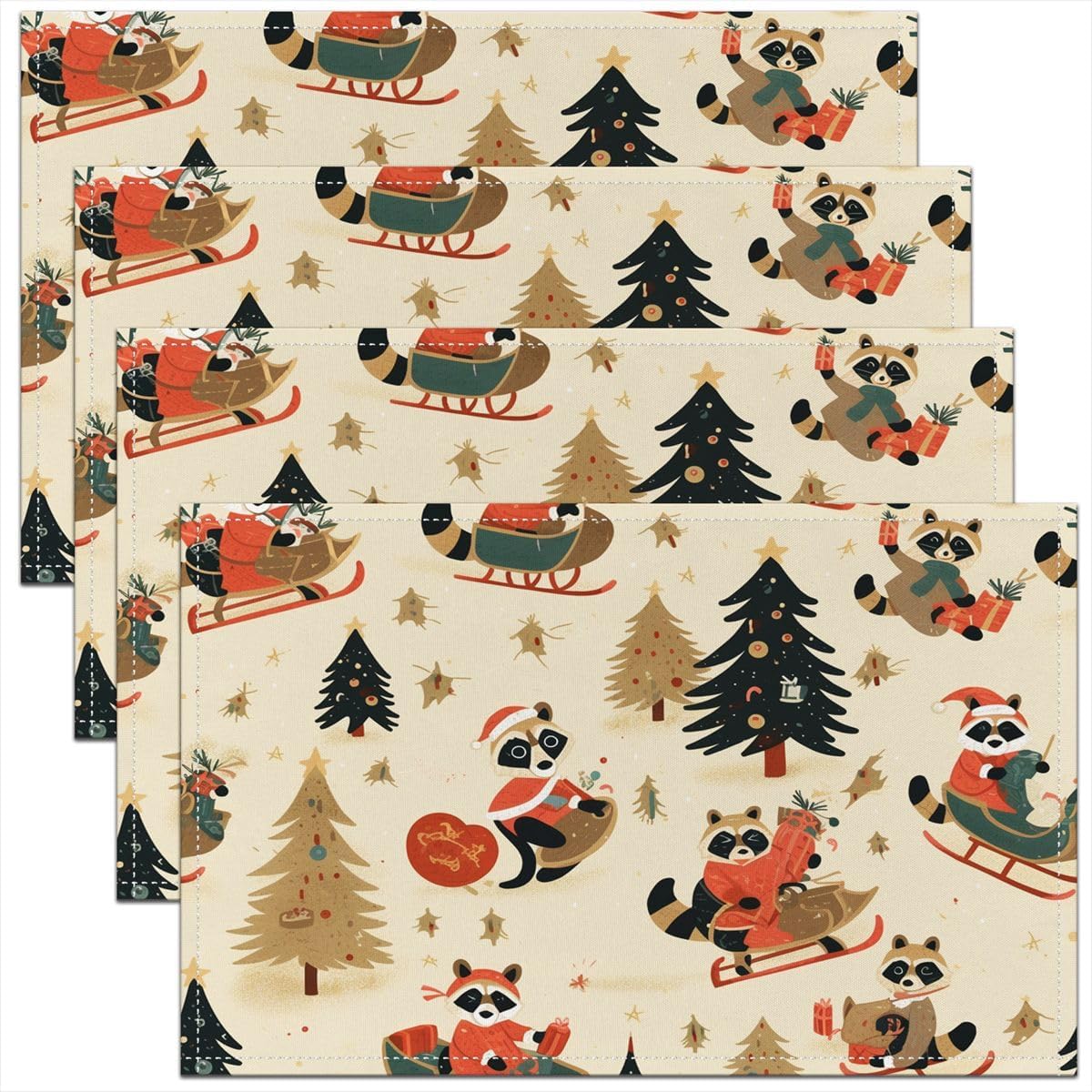 Cartoon Raccoon Placemats Beige Cute Place Mat | Cute Wildlife Vintage Countryside Christmas Tree Ornaments Table Mats 18"*12"*4, Outdoor Christmas Decorations