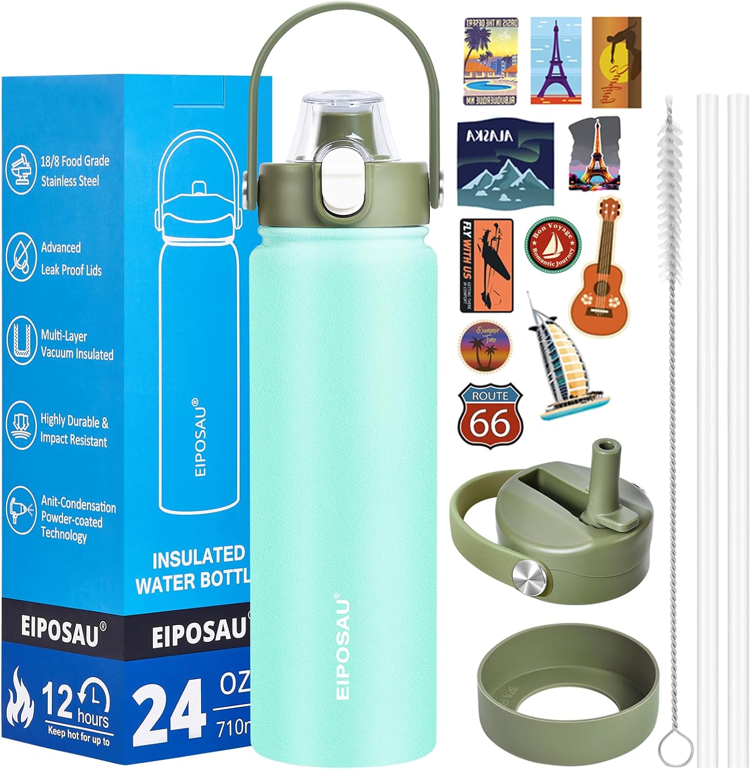 Insulated Water Bottle with Lid & Boot & Stickers, 24 oz Stainless Steel Sweat Free Bottle Keep Cold 24H, BPA-Free Sports Wide Mouth Water Bottle, Green