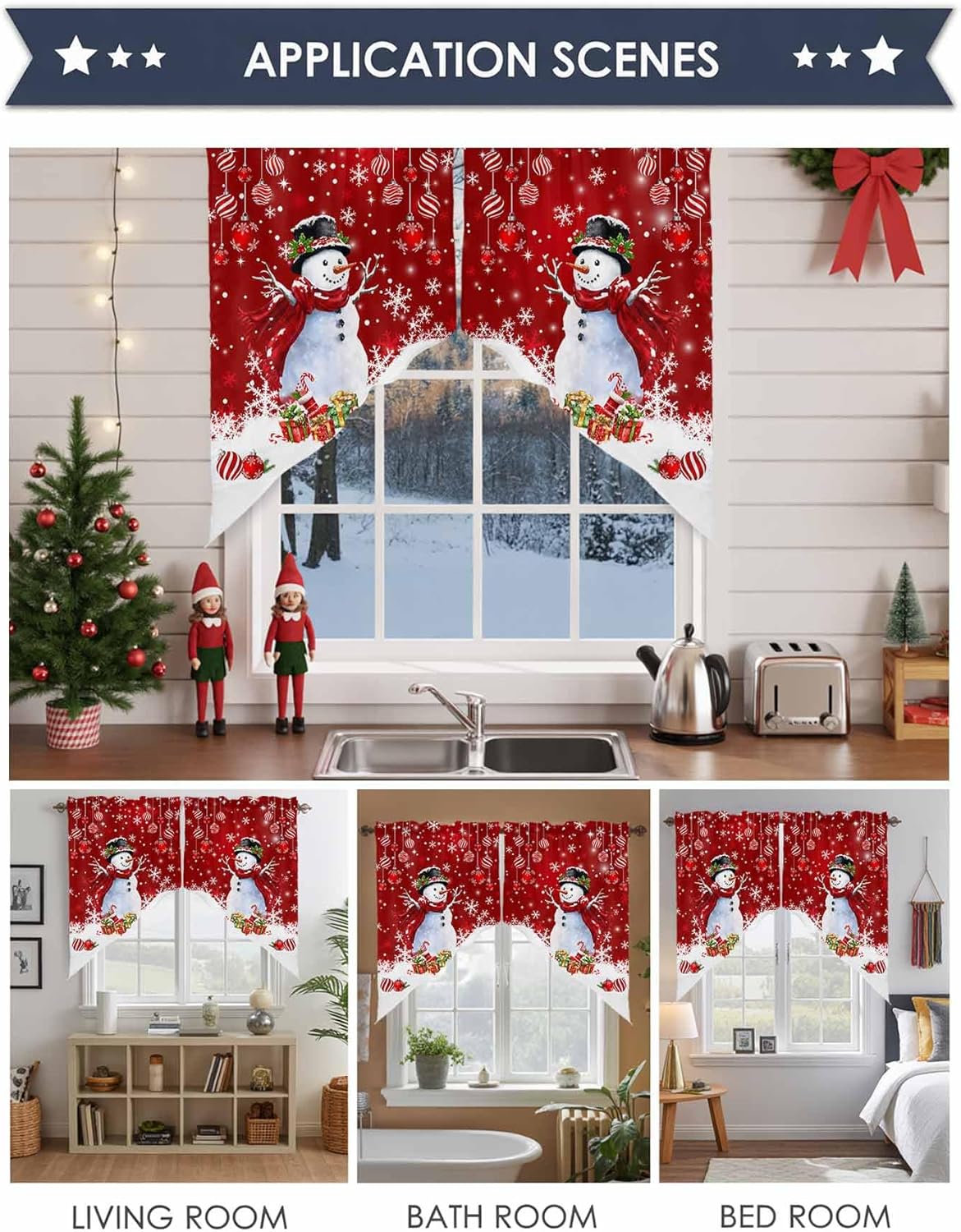 Christmas Snowman Curtains Swag Valance Xmas Ball Snowflake Present Rod Pocket Kitchen Curtains Winter Holiday Red Background Window Valances Swag Curtains for Christmas Decorations 1 Pair, 36"Wx36"L
