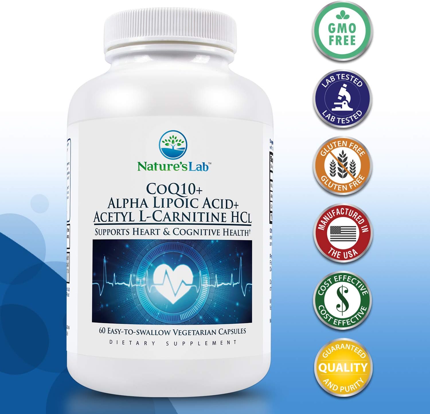 Nature's Lab CoQ10 + Alpha Lipoic Acid + Acetyl L-Carnitine HCl - Supports Heart and Cognitive Health - 60 Capsules (1 Month Supply) : Health & Household