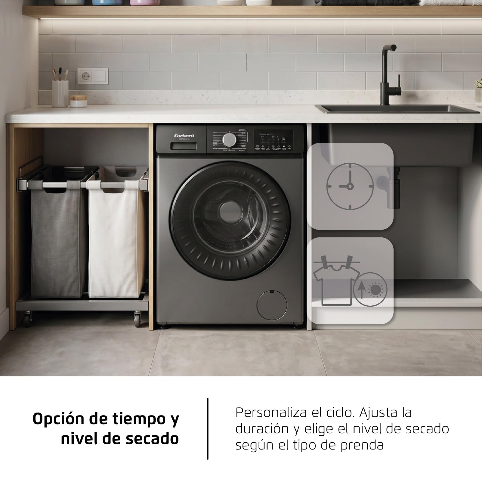 Corberó - Lavadora Secadora 2 en 1| CLSW805DG | 8 Kg / 5 Kg Secado | 1200 rpm | Motor Inverter | 16 Programas | Programa Antialérgico y Opción Vapor | Aclarado Extra | Clase A-20%| Gris