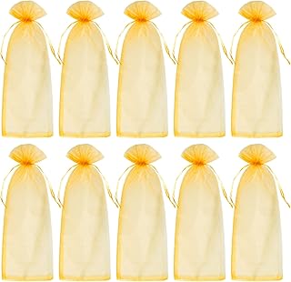 Tayfremn 40pcs Organza Wine Bags Drawstring Organza Bottle Gift Bags Gold Sheer Wine Wrapping Bag for Bottle Wrap Christmas Wedding Party Favors Samples Display Decoration, 5.5x14.5 inch(Gold)