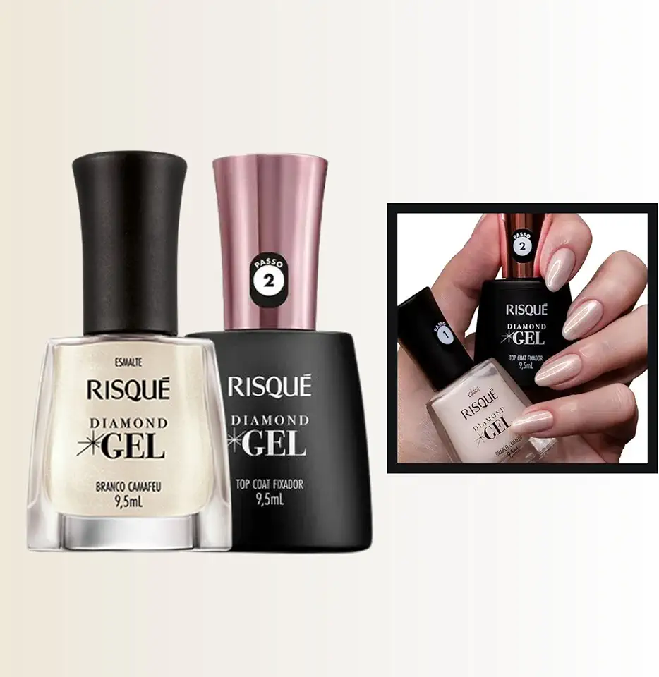 Kit 2 Esmalte Diamond Gel Risque Cor + Top Coat Fixador Kit Manicure Escolha Cor (Branco Camafeu + Fixador)