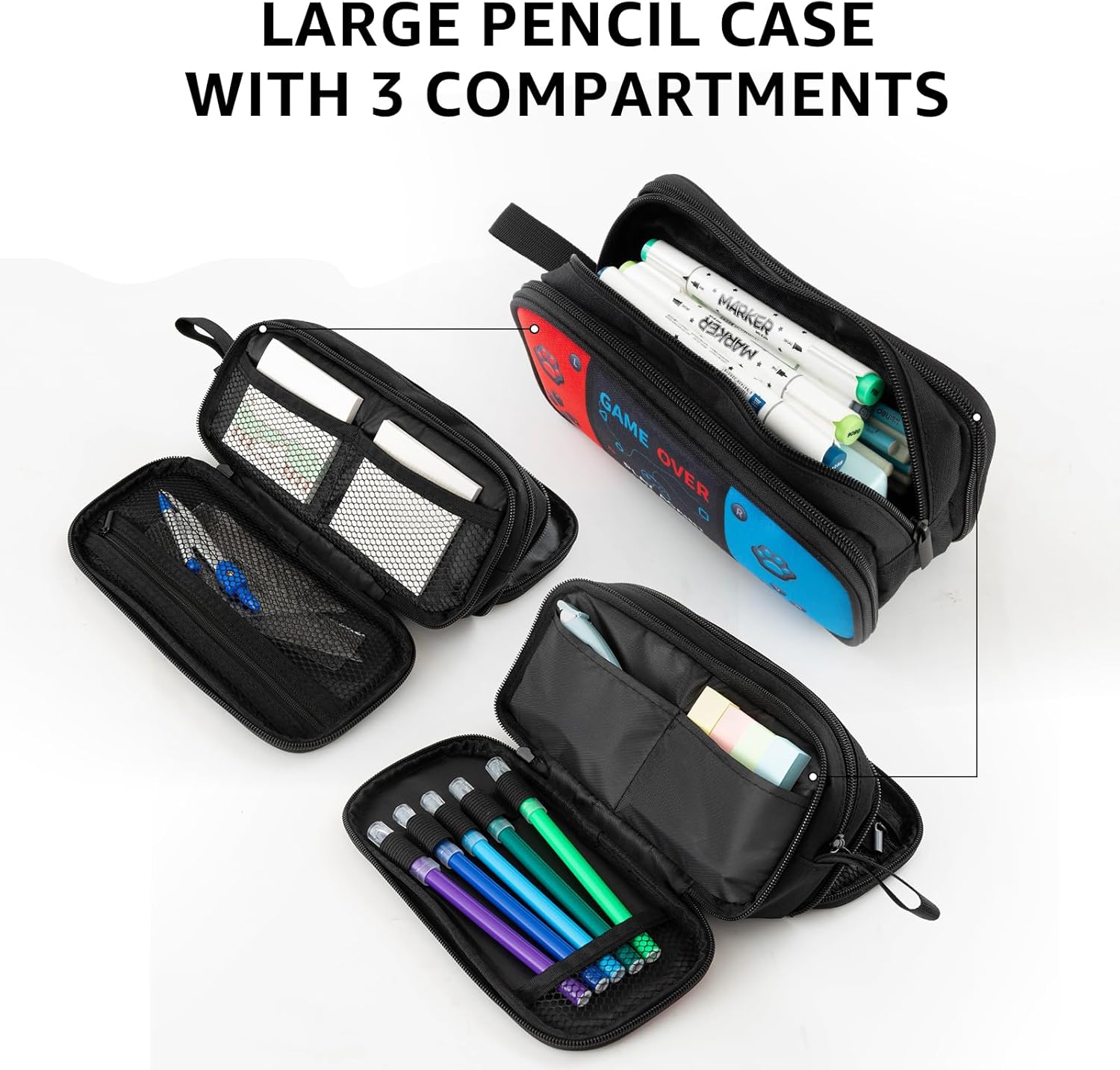 Large Game Controller Pencil Case for Teen Boy Kid Capacity Pen Box Pouch Organizer Holder Bag with 3 Compartments & Zipper School College Office Supplies(1PCS Pencil Case) - Image 4