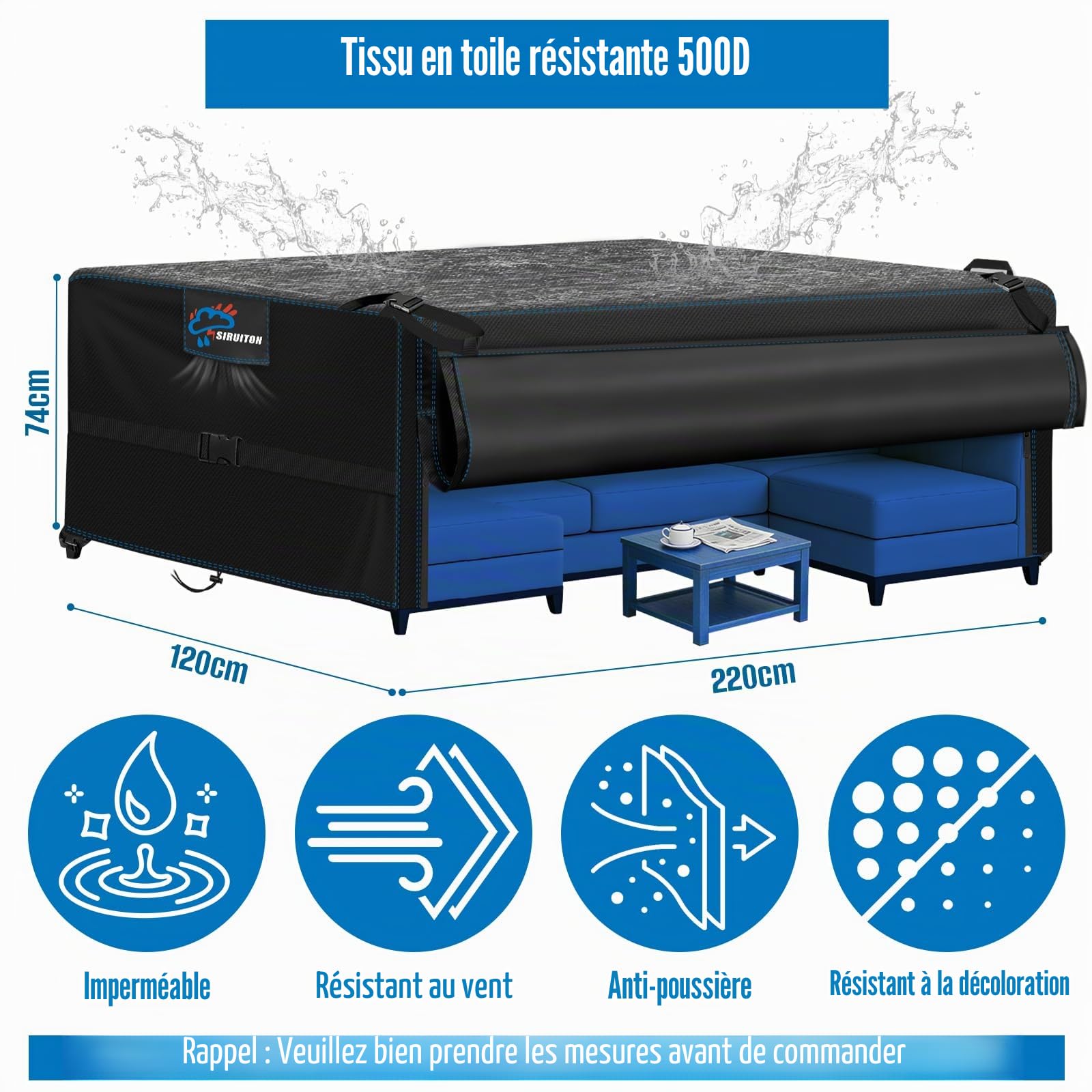 SIRUITON Housse de Meubles de Jardin imperméable et indéchirable 500D avec Fermeture éclair,résistante au Vent et aux UV - 220x120x74cm