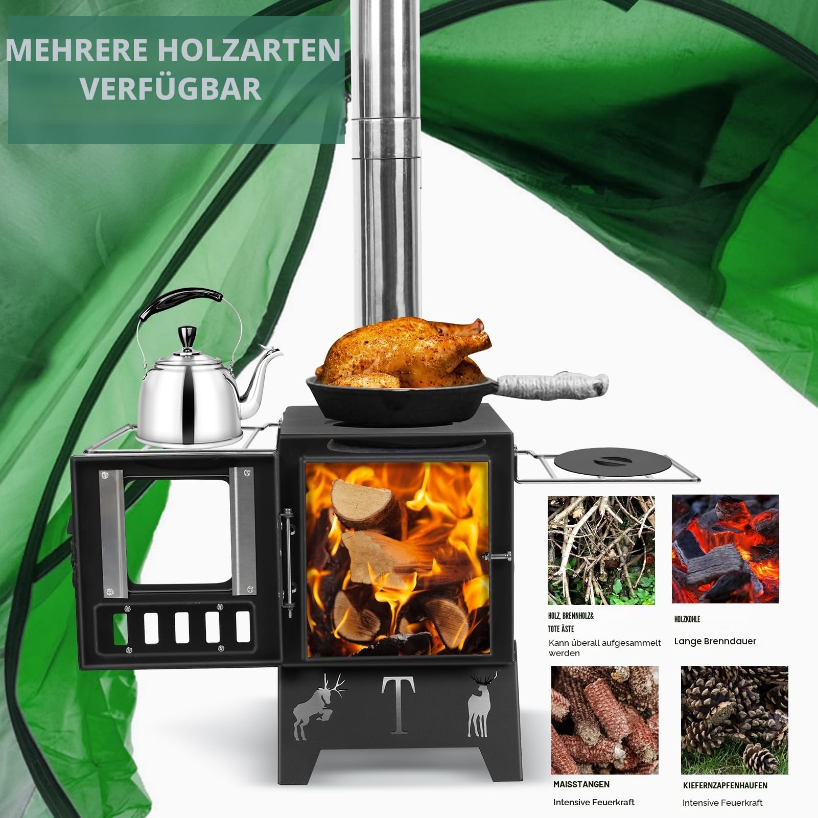 Tragbarer Faltbarer Holzofen Campingkocher, Heißer Zelt-Herd für Außenheizung & Kochen, Eisfischen, Jagen, Camping inklusive Rohre Schwarz