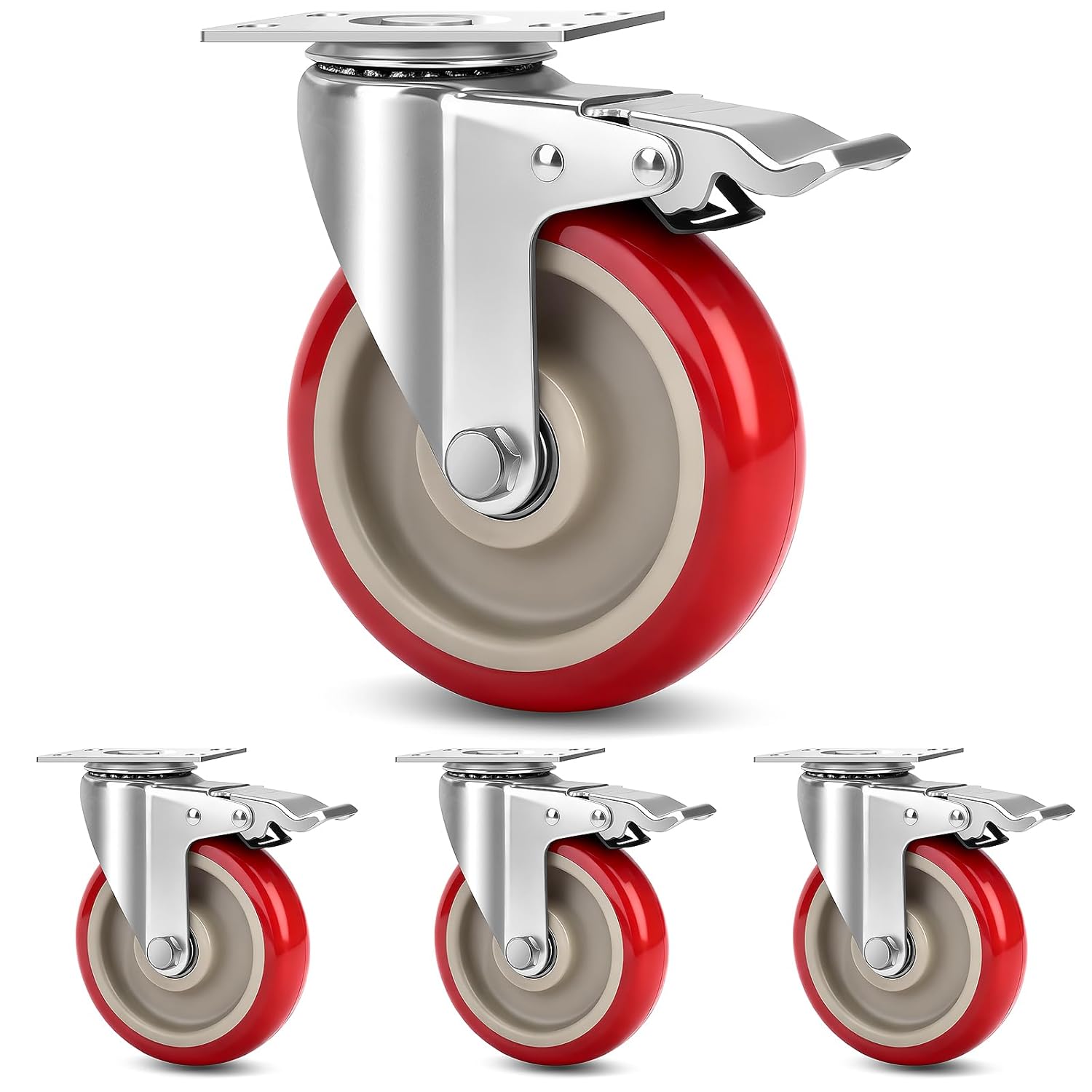 5 Inch Industrial Heavy Duty Swivel Caster Wheels with Brake,Set of 4 Safety Locking Casters,Load 2400lbs,Premium Polyurethane Wheels for Table,Trailer,Saw Table,Stage Toolbox,Bed,Corn Board