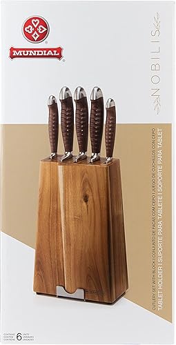 Miniatura 6 de Mundial Nobilis Series - Juego de 6 cuchillos con mango de madera y cuchillas de acero inoxidable y 1 bloque de madera con soporte para tableta
