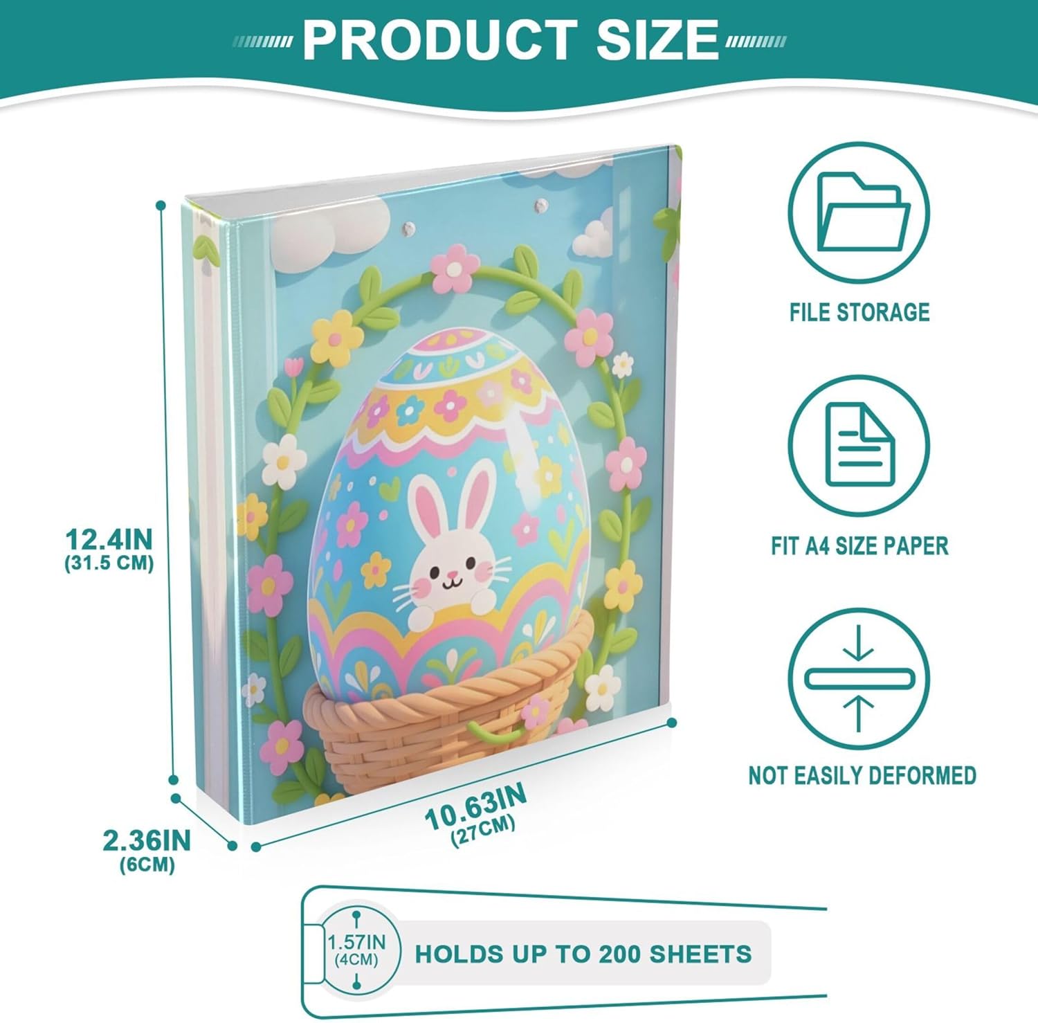 Happy Easter Eggs 3 Ring Binders, 1.5” Round Ring Binders with Clipboard - Letter Size, 3 Interior PVC Clear Pockets & Anti-Slip Clip for Office School Supplies, 2PCS