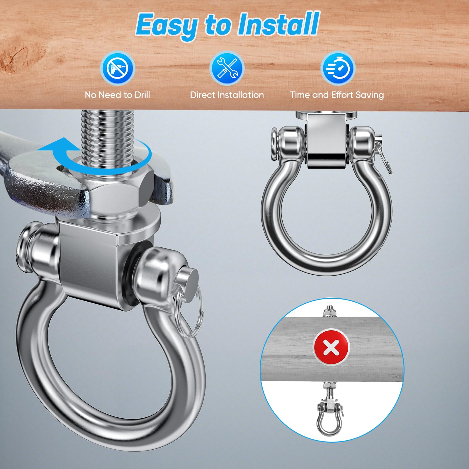 4Pcs Ganci per Altalena 304 Acciaio Inox Antiruggine Permanente con Cuscinetti a Sfera, Viti M10 x 9 Pollici 1800 lb per Corde Yoga, Anello Aereo, Sacco da Boxe & Sacco di Sabbia