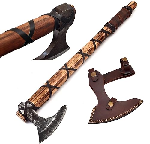 Miniatura 2 de Hacha vikinga real arma hecha a mano de acero al carbono Ragnar Lothbrok caza batalla listo hacha con funda de cuero, equipo de camping, barbudo,