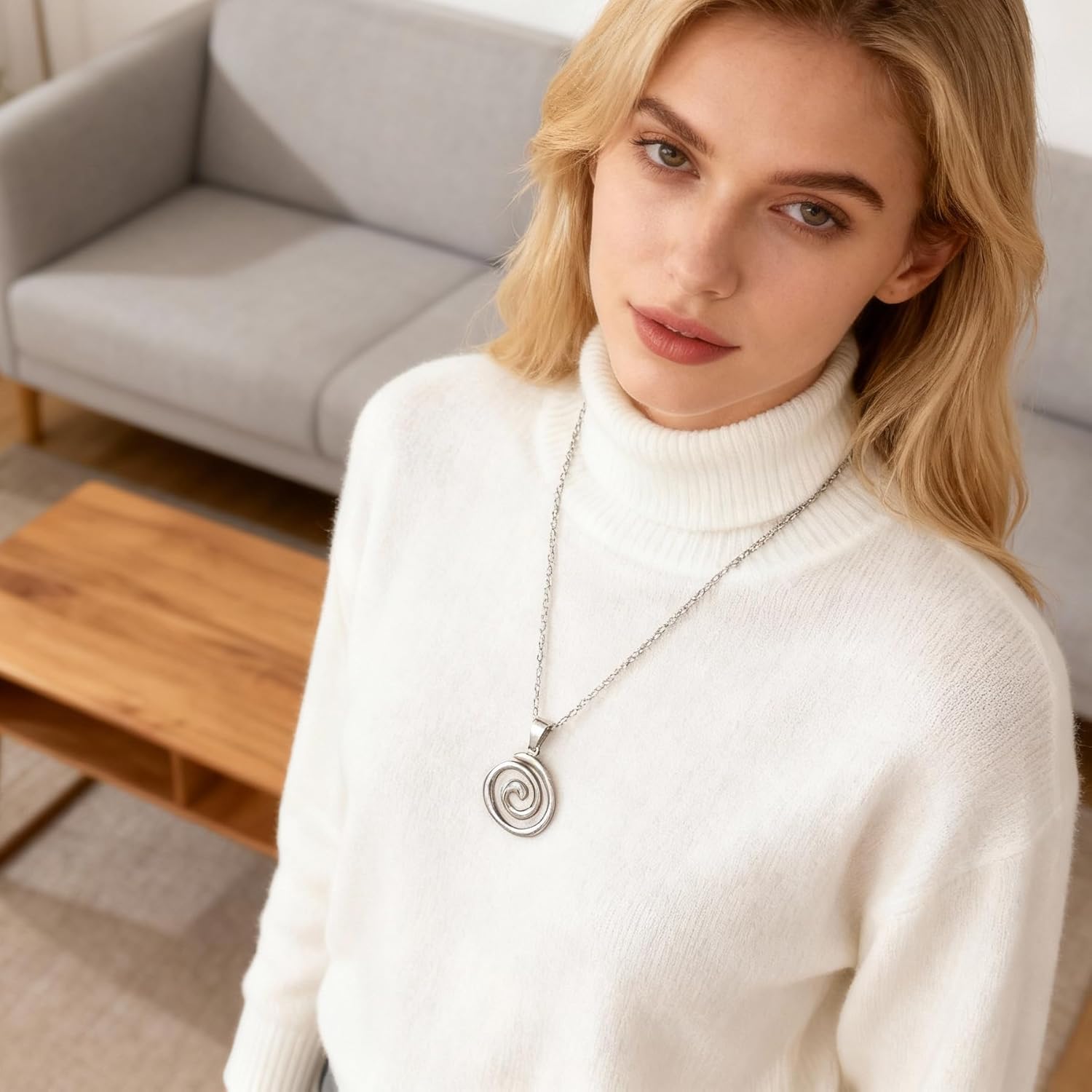 Gold Spiral Swirl Pendant Necklace, Boho Beach Style, Chain Link Design - Image 2