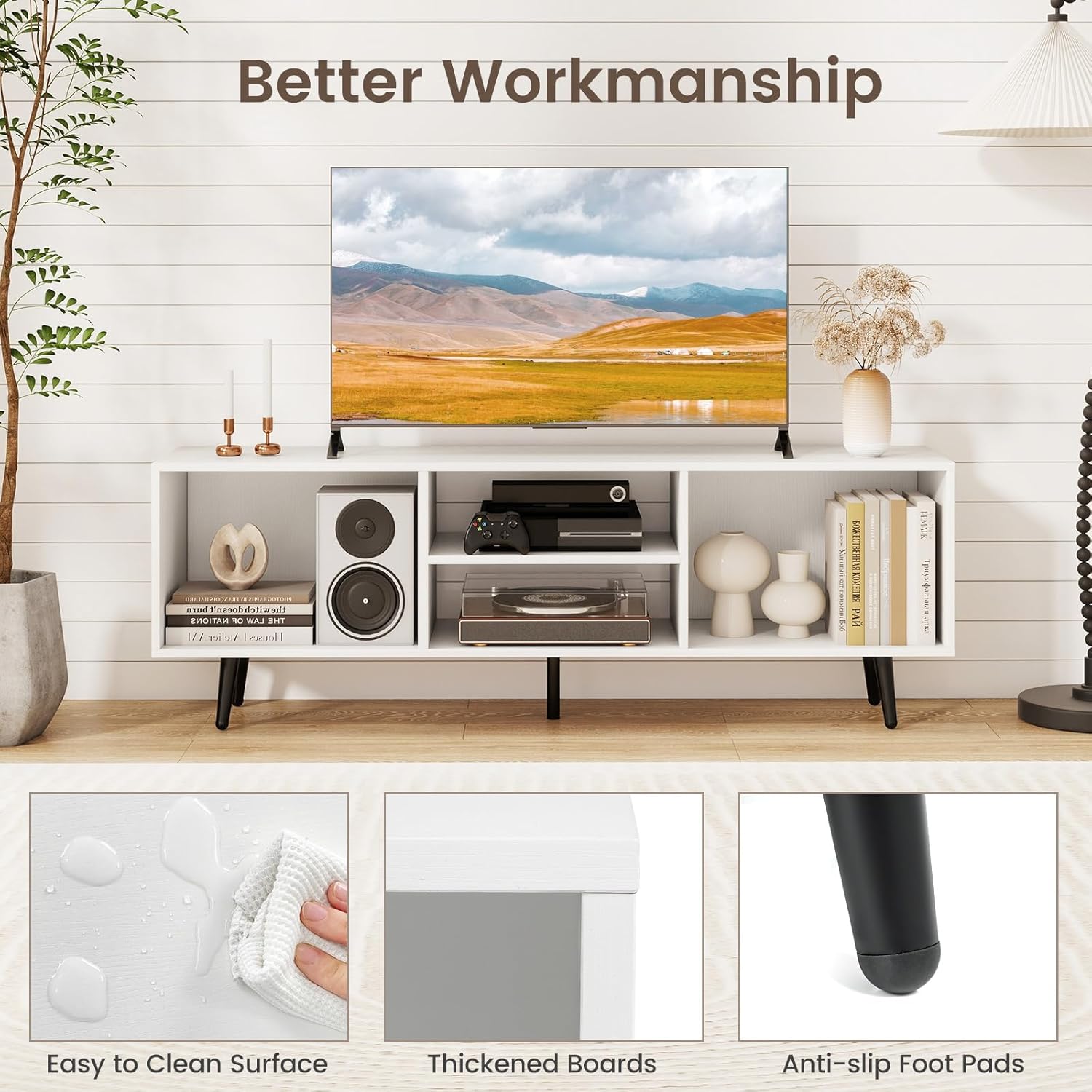 Giantex White TV Stand for TVs up to 55", 47.5" Small Entertainment Center with Storage, Open Shelves & 5 Heavy-Duty Metal Legs, Wood Media Console Table for Living Room, Bedroom