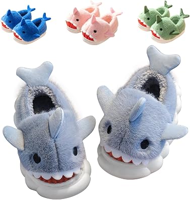 Fiedaz Boys Girls Shark Slippers for Toddler Kids - Cute Plush Warm Non-Slip Indoor Bedroom Winter Shoes