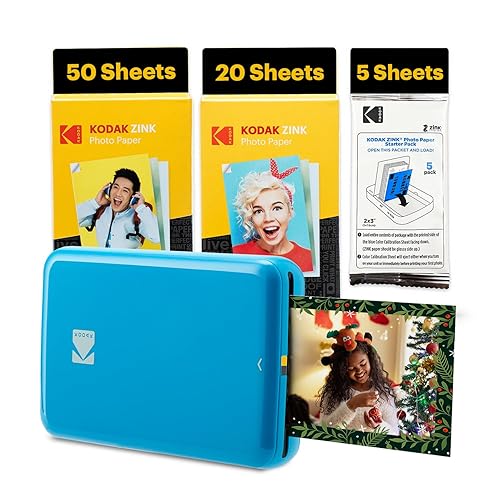 Kodak Step Instant Smartphone Photo Printer - 75 Sheets BUNDLE - Portable Mini Color Wireless Mobile Printer - Zink 2x3” Sticky-Back Photos - Bluetooth Compatible with Smart Devices - Fun App -Blue - Blue - Printer + 75 Sheets