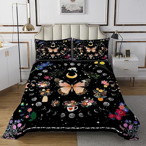Miniatura 2 de Erosebridal Juego de colcha dorada con diseño de mariposas y flores rosas para niños y adolescentes, juego de colcha de cielo estrellado, juego de