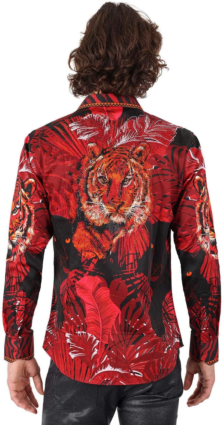 Barabas Men's Rhinestone Tiger Floral Long Sleeves Shirt 2SPR225