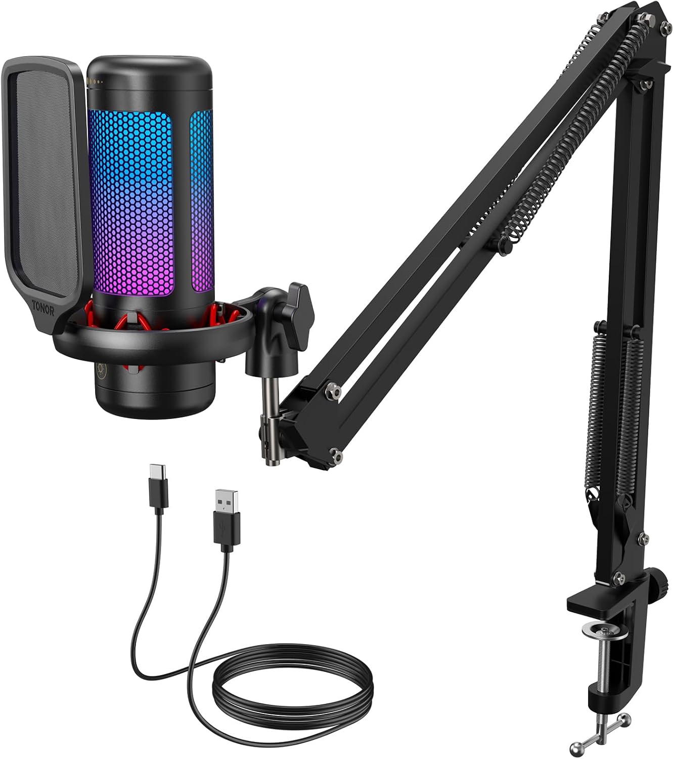 TONOR Vocal Condenser Microphone Set with Boom Arm, Recording Equipment for PC with Stand, Controllable Brightness, Quick Mute, Volume Control, USB Mic for YouTube, Twitch, Streaming, TC310+