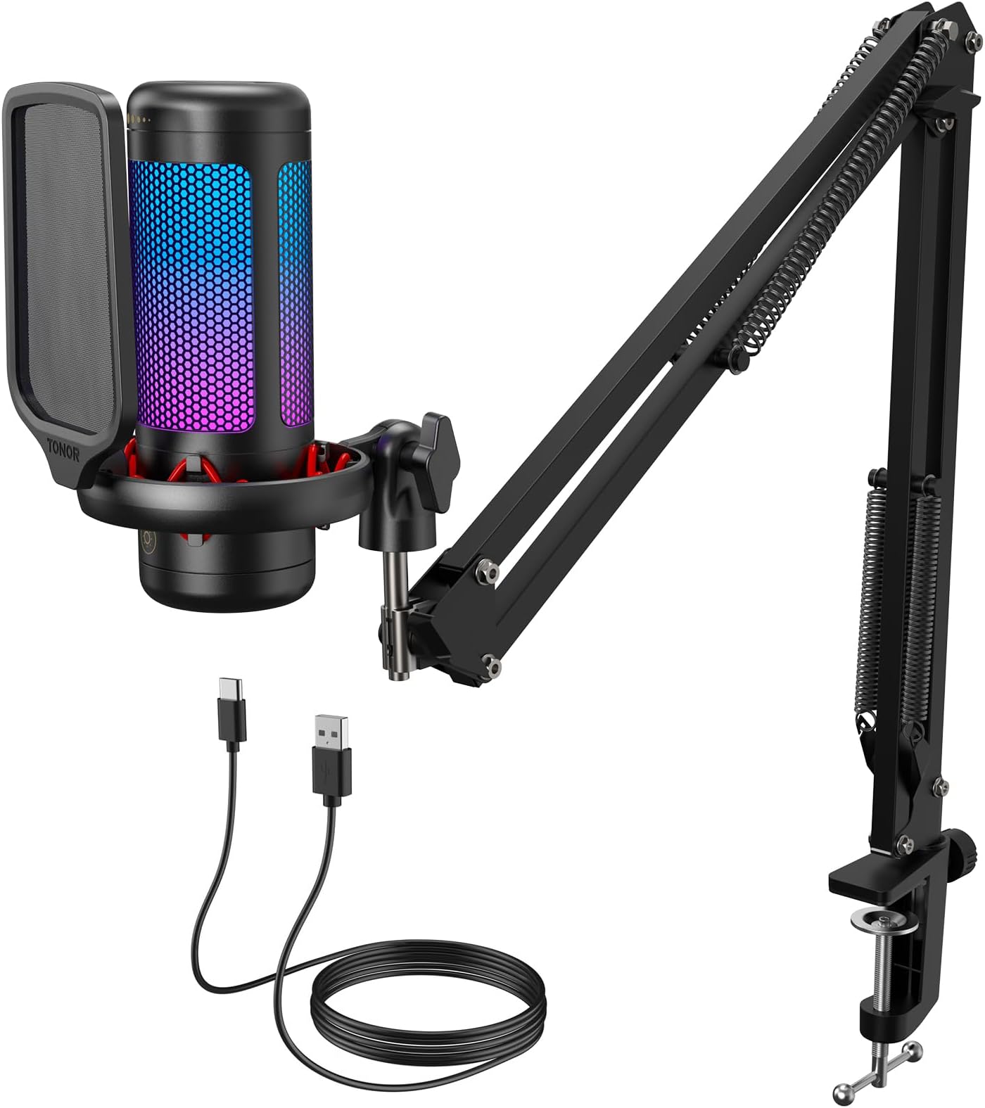 Gaming USB Microphone with Adjustable RGB Modes & Brightness, Condenser PC Mic with Boom Arm for Streaming Podcast Recording Studio Singing Youtube Compatiple with Computer/Laptop/Mac/PS4 TC310+