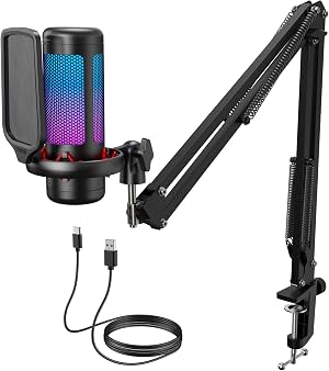 Set de micrófono de gaming TONOR con brazo articulado, micrófono condensador vocal para creadores de contenido, micrófono USB para PC con soporte, RGB, silencio táctil, control de ganancia, equipo de gaming, Twitch, streaming, TC310+ | set con brazo articulado, micrófono USB con luz controlable, silencio de un toque, control de volumen, para Discord, streaming en Twitch, negro, TC310+ USB-A