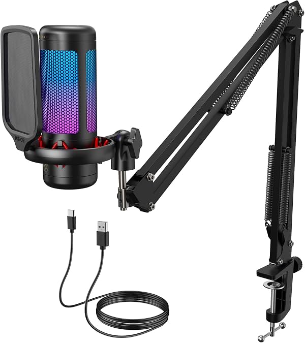 Set de Micrófono Gaming TONOR con Brazo Articulado, Micrófono Condensador Vocal para Creadores de Contenido, Micrófono USB para PC con Soporte, RGB, Silencio Táctil, Control de Ganancia, Equipo Gaming, Twitch, Streaming, TC310+ | Set con Brazo Articulado, Micrófono USB con Luz Controlable, Silencio con un Toque, Control de Volumen, para Discord, Twitch Streaming, Negro, TC310+