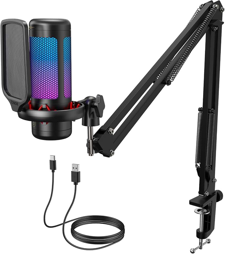 TONOR Gaming Microphone Set with Boom Arm, Vocal Condenser Microphone for Content Creators, USB Mic for PC with Stand, RGB, Tap Mute, Gain Control, Gaming Equipemnt, Twitch, Streaming, TC310+ | Boom Arm Set, USB Mic with Controllable Light, One Tap Mute, Volume Control, for Discord, Twitch Streaming, Black, TC310+
