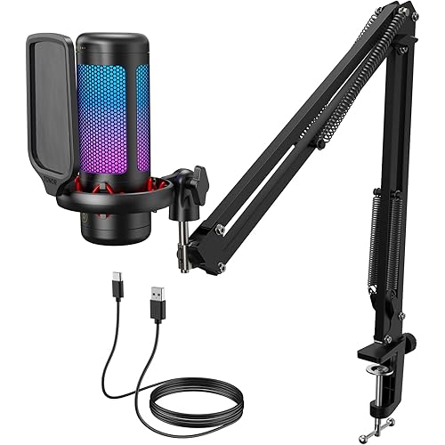 TONOR Gaming Microphone Set with Boom Arm, Vocal Condenser Microphone for PC with Stand, USB Mic with controllable RGB Light, One Tap Mute, Volume Control, for Discord, Twitch Streaming, TC310+