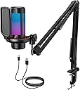 TONOR Gaming Microphone Set with Boom Arm, Vocal Condenser Microphone for PC with Stand, USB Mic with controllable RGB Light, One Tap Mute, Volume Control, for Discord, Twitch Streaming, TC310+