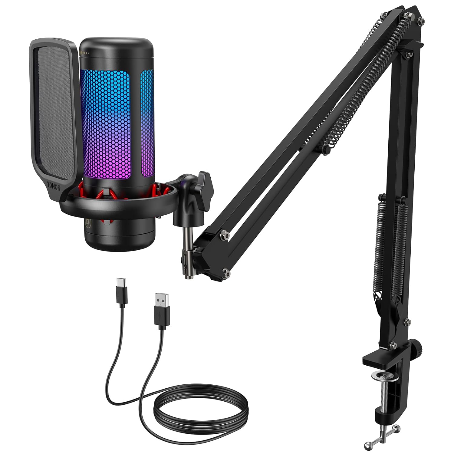 TONOR Vocal Condenser Microphone Set with Boom Arm Recording Equipment for PC with Stand Controllable Brightness Quick Mute