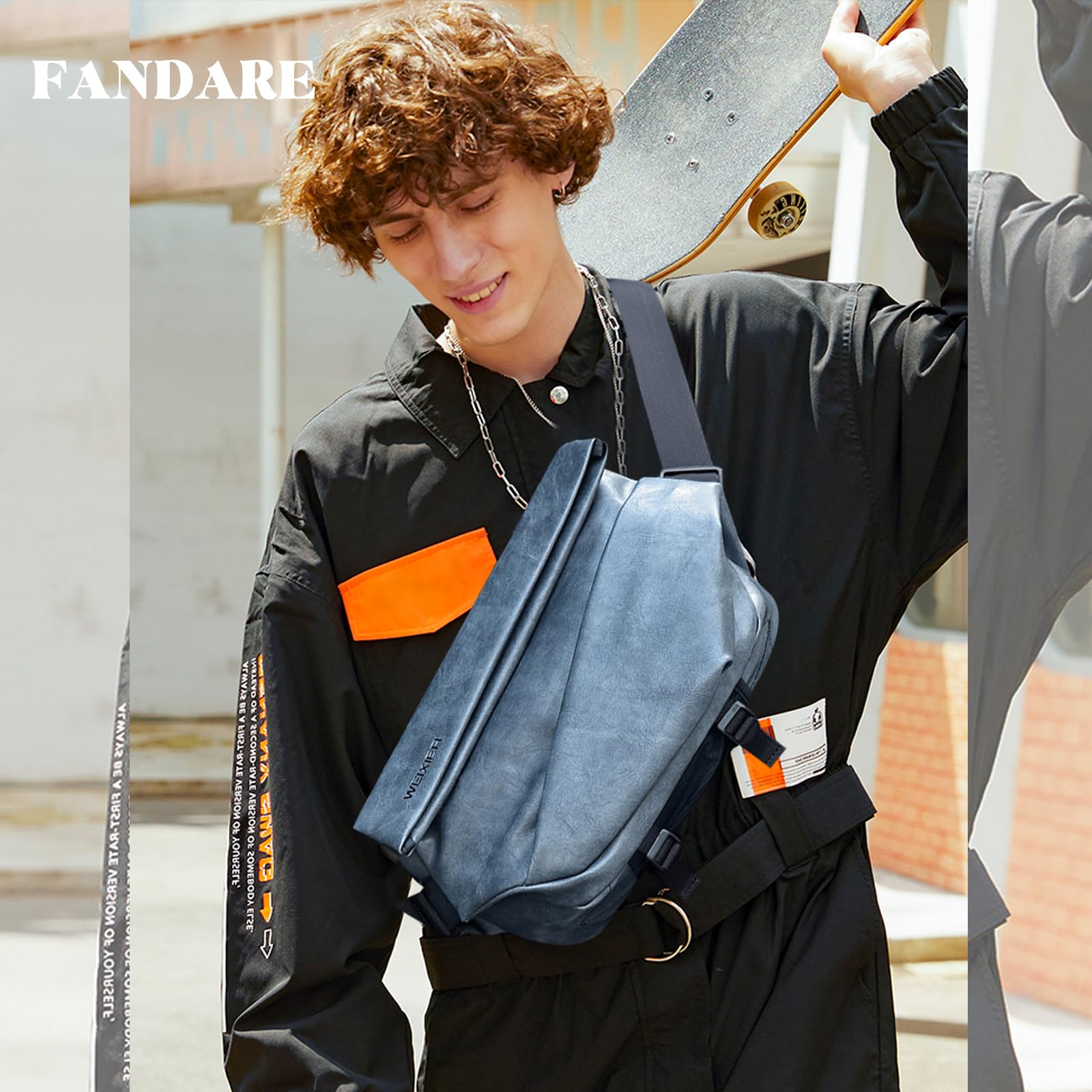 FANDARE Sling Bag Men Chest Bag PU Leather Shoulder Bag Ultralight Chest Crossbody Bags Vintage Waterproof Small Backpack for Outdoor Work Hiking Running Sport Business Travel Bag Grey - Image 2